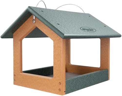 Amish USA Made Recycled Plastic Large Hanging Modern Fly Through Covered Roof Open Platform Tray Bird Feeder for Outdoors, Garden, Yard (Turf Green & Bright Cedar)