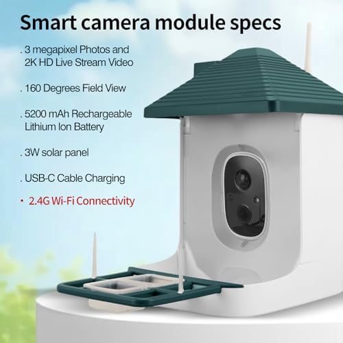 Smart Bird Feeder with Camera,AI Identify Species,Bird House with Solar Powered,Instant Arrival Alerts,2K Capture Video,Live View for Lover (Blackish Green)