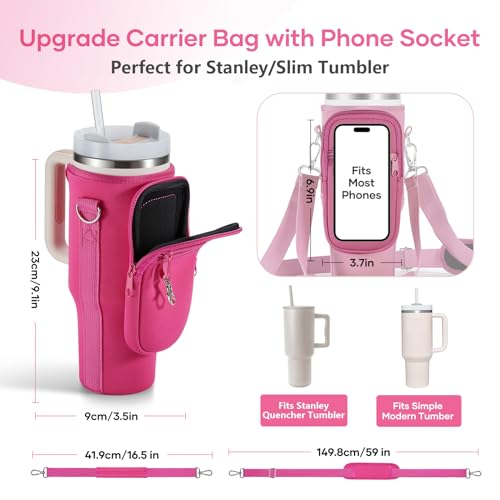 linmaya Water Bottle Carrier Bag with Phone Pocket for Stanley 40/30 oz Tumbler Neoprene Water Bottle Holder Pouch with 2 Adjustable Strap & 3 Leak Stoppers for Stanley Cup Accessories