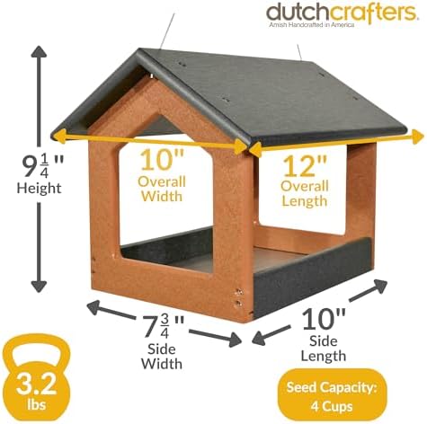 Amish USA Made Recycled Plastic Large Hanging Modern Fly Through Covered Roof Open Platform Tray Bird Feeder for Outdoors, Garden, Yard (Black & Bright Cedar)