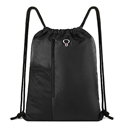BeeGreen Blue Drawstrings Backpack Gym Sack For Men With Water Bottle Pocket &Front Zippered Pocket Large Sting Bags For WomenTraveling Yoga Beach Outdoor Gym