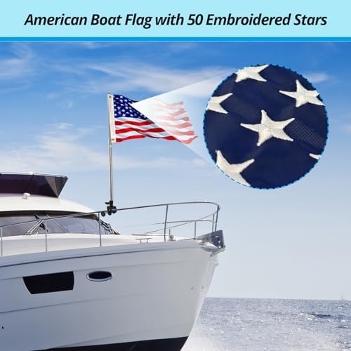 American Boat Flag Pole Kits Marine 12"x18", Stainless Steel Boat Flag Pole with 1x Storage Bag, Adjustable Flagpole Holder with 50 Embroidered Stars American Flag Boat Accessories