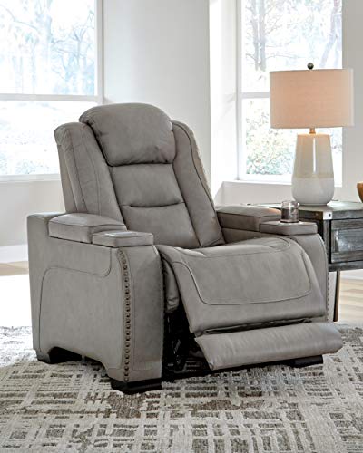 Signature Design by Ashley The Man-Den Leather Power Recliner with Adjustable Headrest & Wireless Charging, Gray