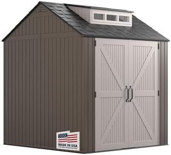 Rubbermaid Large Resin Outdoor Storage Shed With Floor (7 x 7 Ft.), Weather Resistant, Brown, Organization for Home/Lawn Mower/Backyard Equipment/Bike Storage/Pool Supplies
