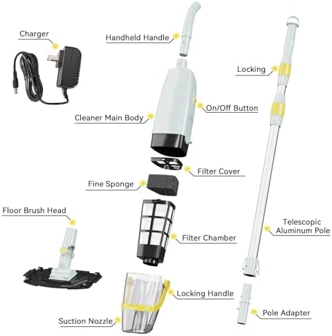 (2025 Upgraded) Cordless Handheld Pool Vacuum, Rechargeable Pool Cleaner with Telescopic Pole and Fine-Sponge, Powerful Suction, Ideal for Above & In-Ground Pools, Spas, Hot Tubs, Yellow
