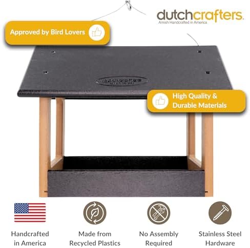 Amish USA Made Recycled Plastic Large Hanging Modern Fly Through Covered Roof Open Platform Tray Bird Feeder for Outdoors, Garden, Yard (Black & Bright Cedar)