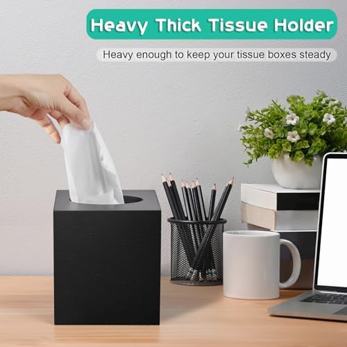 ALELION Wooden Tissue Box Cover Square - Large Black Tissue Box Holder for Tabletop Night Stands Bathroom Office - Decorative Facial Cube Tissue Box Cover