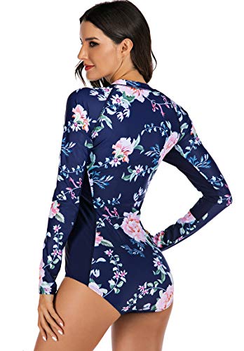 Akaeys Women's Long Sleeve Zip Front Swimwear UV Protection Printed Surfing Swimsuit One Piece Rashguard Navy-Floral