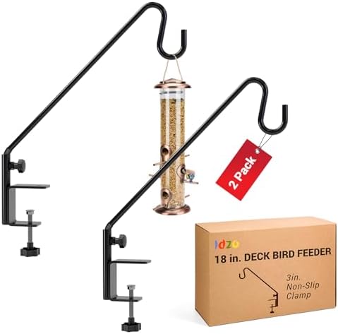 Idzo Deck Bird Feeder Hanger for Railing, 18inch Deck Hook for Bird Feeder Pole, Durable 3 Layers Powder Coated & Sturdy 1 Piece Solid Steel Construction for Hanging Decorations, 2Pack