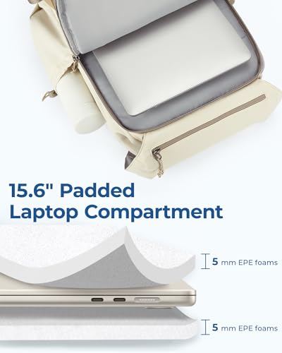 BAGSMART Backpack for Women, Wide Opening Travel Backpack, College Backpack for 15.6 Inch, Water-Resistant Quilted Daypack Lightweight Bookbag, Beige