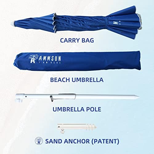 AMMSUN 8 Feet Large Beach Umbrella with Sand Anchor Heavy Duty High Wind Portable Outdoor Umbrellas UV 50+ Protection Air Vent Tilt Patio Garden Pool