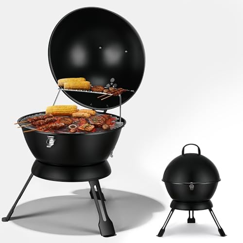 MBY 14 inch Portable Barbecue Grill with Dual Venting System, Small Foldable Charcoal Grill with Warming Rack for Picnic, Camping, Backyard-Black