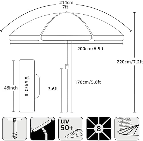 AMMSUN 7ft Beach Umbrella with Sand Anchor Portable Outdoor Patio Sun Shelter UV 50+ Protection & Tilt Aluminum Pole Air Vent with Carry Bag for Beach Patio Garden Outdoor Multicolor Blue