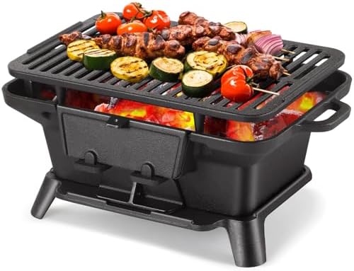 Hibachi Grill Outdoor, Portable Mini Charcoal Grill, 100% Pre-Seasoned Cast Iron, Small Japanese Yakitori Tabletop Skillet Grill Stove for Outdoor Camping