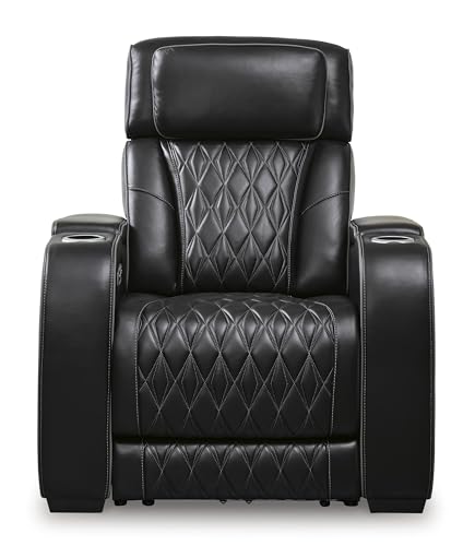 Signature Design by Ashley Boyington Contemporary Leather Match Power Recliner with Adjustable Headrest, Cup Holders, USB Port and Air Massage System, Black