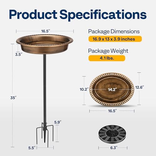 VIVOHOME Oval Polyresin Bird Bath Bowl with Solar Fountain, 29 Inch Height Outdoor Freestanding Birdfeeder with Metal Stake, Capacity 1.3 Gallons, 5-Pronged Base, Copper