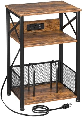 AMHANCIBLE Record Player Stand with Charging Station, Turntable Stand with Storage Cabinet, 3 Tier End Table Hold Up to 100 Albums, Record Table for Vinyl, Living Room, Rustic Brown, HETCD01BR-1
