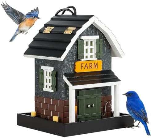 Birdfeeder for Outside, Hanging Bird Feeder for Outdoor, Decorative Colorful Bird House for Garden, Pole Post Mountable Birdfeeder, Solid Cedar Wood Longtime Weatherable (Farm House)