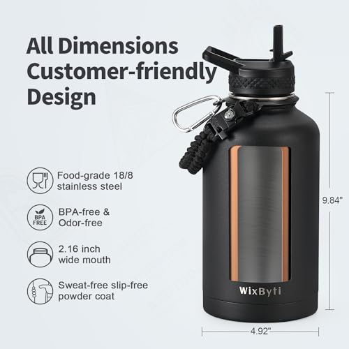 WixByti 40 oz Insulated Water Bottle with Straw (Cold for 48 Hrs), Stainless Steel Triple Wall Vacuum Sports Water Jug, Leakproof Hydro Cup Flask with Paracord Handle & Straw Spout Lids & DIY Stickers