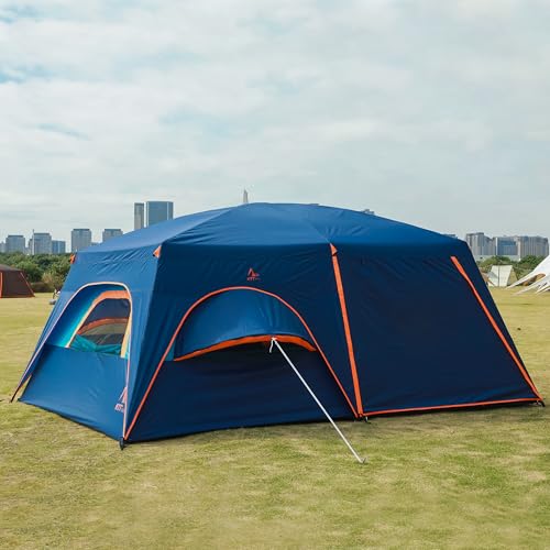 KTT Extra Large Tent 12 Person,14'Lx10'Wx7'H,Family Cabin Tents,Full Rainly,2 Rooms,2 Bay-Windows and 3 Doors 3 Windows with Mesh,Waterproof,Straight Wall,Big Tent for Outdoor,Picnic,Camping(Brown)