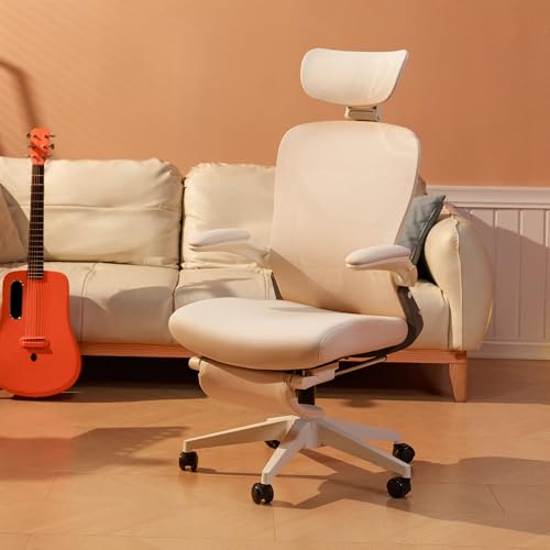 FLEXISPOT Foldex Ergonomic Office Chair, Folding Chair for Small Spaces with Lumbar Support, Flip-up Armrests, 3D Headrest, Desk Chairs with Footrest for Work,Video Game (Foam Seat, Cream)