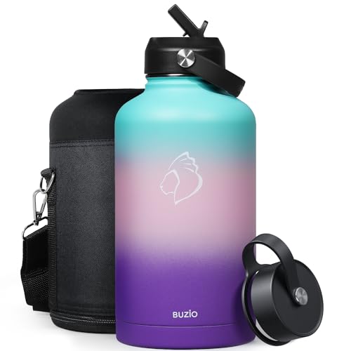 BUZIO 64oz Insulated Water Bottle Stainless Steel Double Wall Leak Proof Half Gallon with Straw Lid and Flex Cap (Cold for 48 Hrs) Sports Flask Metal Travel Mug for Hiking Cycling, Hydrangea