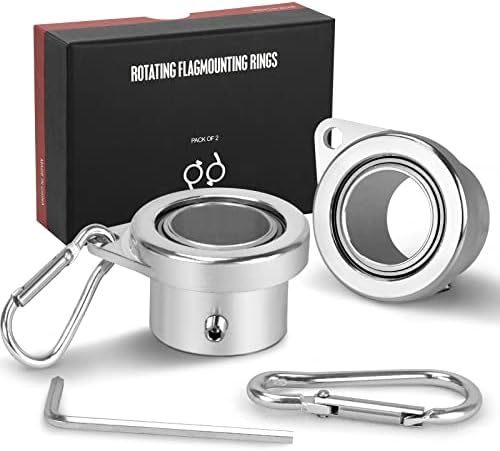 Aluminum Alloy Flagpole Ring Set with Bearings 2 Pack, Anti Wrap 360°Rotating Flag Mounting Ring Spinning Flag Pole Kit with Carabiner for 0.71-1.00 Inch Diameter Flagpole(Silver)