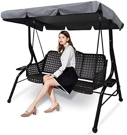 Outdoor Patio Swing Chair Canopy Replacement, 3 Seater Porch Swing Seat Canopy Cover, Waterproof Windproof Anti-UV Heavy Duty Rip Proof Garden Hammock Top Cover, Garden Furniture Covers (Grey, Large)