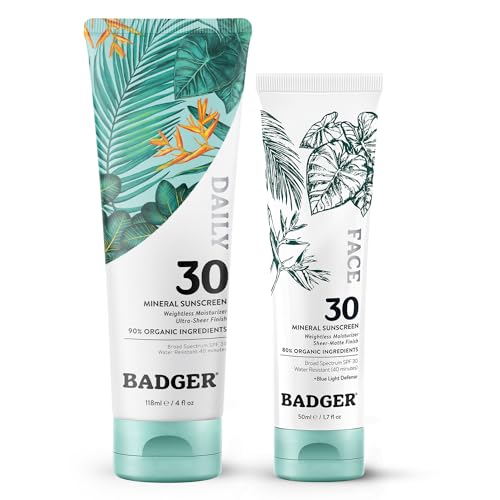 Badger Mineral Daily and Face Sunscreens Combo Travel Set, Organic Sunscreen Moisturizer with SPF 30, Hydrating Everyday Sunscreen Lotion, Vegan & Unscented 1.7 fl oz & 4 fl oz