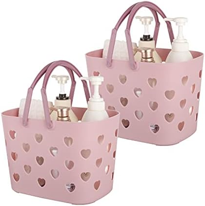 Anyoifax Portable Shower Caddy Tote Plastic Storage Basket with Handle Box Organizer Bin for Bathroom, College Dorm, Pantry, Kitchen, 2 Pack, Pink