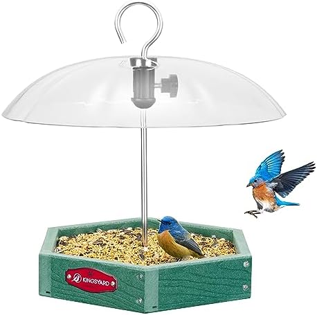 Kingsyard Platform Bird Feeder for Outdoor Hanging - Rugged Recycled Plastic Wild Bird Feeding Station with Adjustable Dome & Metal Mesh Tray, Green