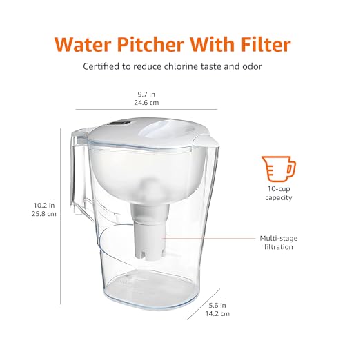 Amazon Basics 10-Cup Pitcher with Filter Compatible with Brita Water Filter Pitcher for Clean, Crisp Water, WQA and NSF Certified, Made in Europe