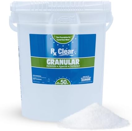 Rx Clear 50 lbs Granular Pool Chlorine | Use As Bactericide, Algaecide, & Disinfectant in Swimming Pools, Hot Tubs, & Spas | Stabilized, Fast Dissolving & UV Protected