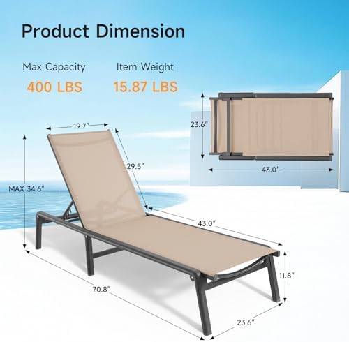 Aluminum Chaise Lounge Chair Outdoor, Foldable & Assembly Free Outdoor Lounge Chair with 5 Position Adjustable Backrest, Patio Pool Lounge Chairs for Outside Poolside Beach Lawn, 1PC, Khaki