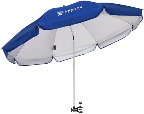 AMMSUN XL Chair Umbrella with Universal Clamp Adjustable 52 inches and 360-degree Swivel UPF 50+, Portable Clamp on Camping or Beach Chair, Stroller, Wheelchair, Golf cart, Blue, Large-sized