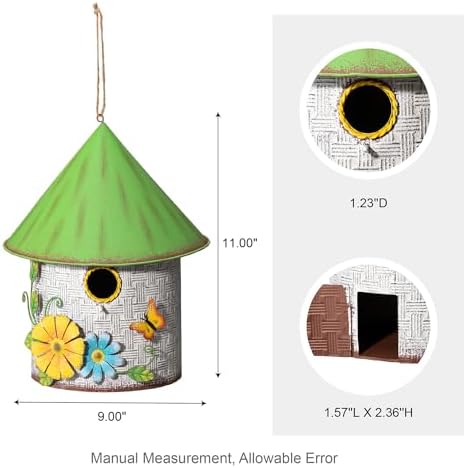 Glitzhome 11" H Distressed Metal Cottage Decorative Birdhouse with a Cluster of 3D Flowers and Butterfly Hanging Bird House for Garden Patio Backyard