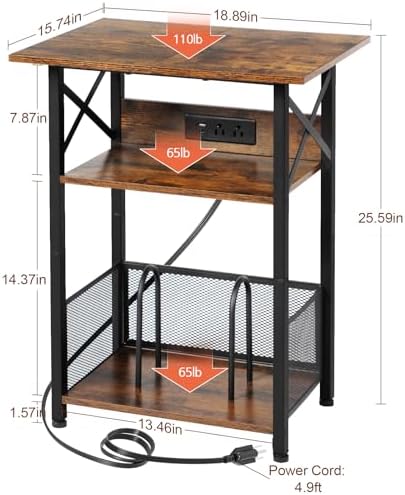 AMHANCIBLE Record Player Stand with Charging Station, Large Turntable Stand with Storage Cabinet, 3 Tier End Table Hold Up to 100 Albums, Record Stand for Vinyl, Living Room, Brown, HETCD012BR-1