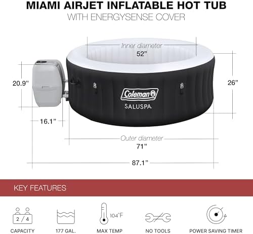 Coleman Miami AirJet Large Round 2 to 4 Person Inflatable Hot Tub Portable Outdoor Spa with 120 AirJets and EnergySense Cover, Black