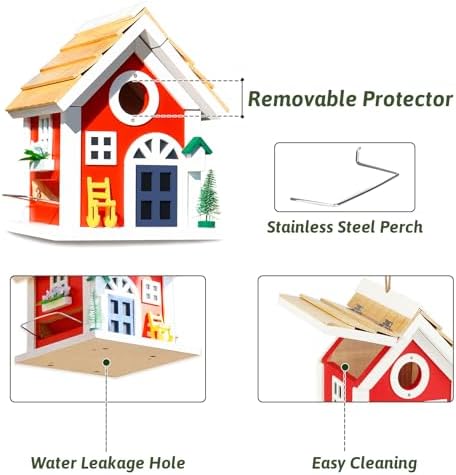 Masterpiece Bluebird House for Outside - Solid Cedar Wood Bird House Bird Feeder for Outdoor - Stainless Hardware - 2 Optional Hole Size 1.5" /1.25" - Garden Center Piece (Red Mansion)