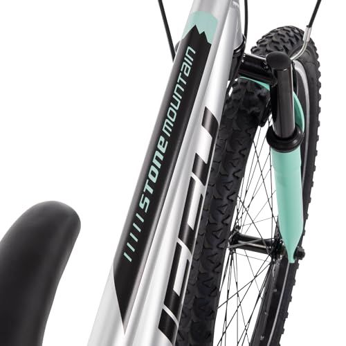 Huffy Stone Mountain Womens 24 Inch Mountain Bike, Metallic Nickel Frame, 21-Speed Shimano Twist Shifting, Front Suspension, Comfort Saddle | 20"/24"/26" Sizes, 6-21 Speeds, Dual Suspension Available