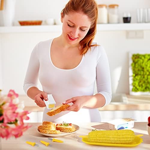 Aodaer 8 Pieces Plastic Corn Trays Corn Cob Holders and Dish Set with 2 Corn Butter Spreaders Corn on the Cob Skewers Service Tray Corn Dish Corn Holders BBQ Tools Cob Dinnerware Set