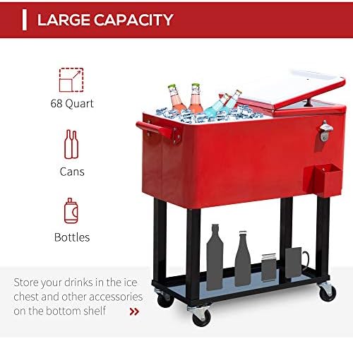 Outsunny 80 QT Rolling Cooling Bins Ice Chest on Wheels Outdoor Stand Up Drink Cooler Cart for Party, Red