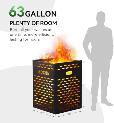 Aoxun 63 Gallon Ultra Thick Burn Barrel for Yard Waste - Heavy Duty Outdoor Incinerator Drum with Burn Cage for Paper, Leaves, Trash & Wood (30 Inch)