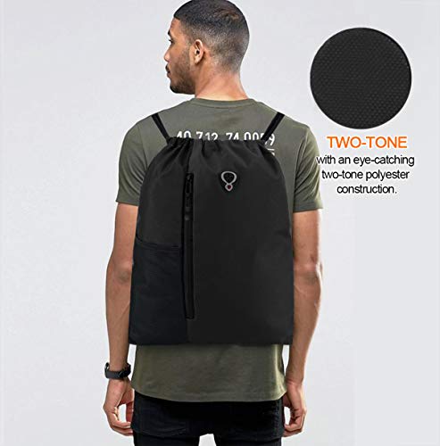 BeeGreen Black Drawstring Backpack Gym Bag For Men Women String Sports Backpack With Water Bottle Mesh Pockets And 2 Zippered Pocket Large Cinch Sackpack Workout Bag 16" x 20"