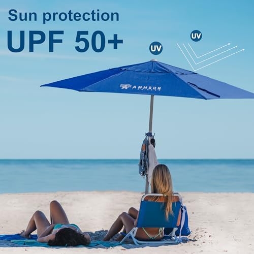 AMMSUN 8ft Large Beach Umbrellas for Sand Heavy Huty Wind Portable Commercial Grade Patio Beach Umbrella with Sand Anchor Adjustable Height Air Vent UPF 50+ Telescoping Pole without tilt Dark Blue