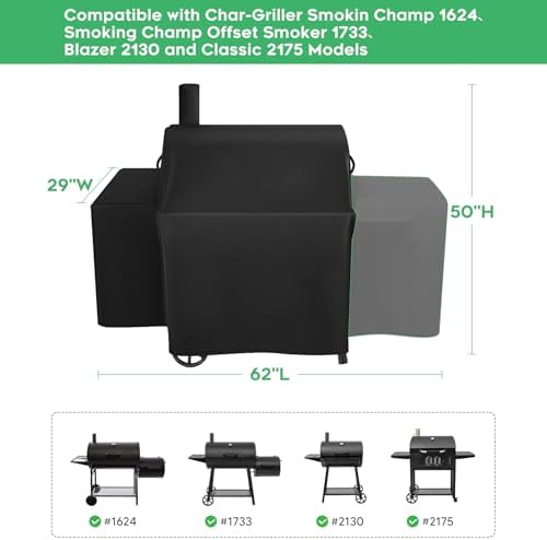 Heavy-Duty 600D Grill Cover fits for Char-Griller Smokin Champ 1624、Smoking Champ Offset Smoker 1733、Blazer 2130 and Classic 2175,Expansion Sleeves fit Around Side fire Box and Flue