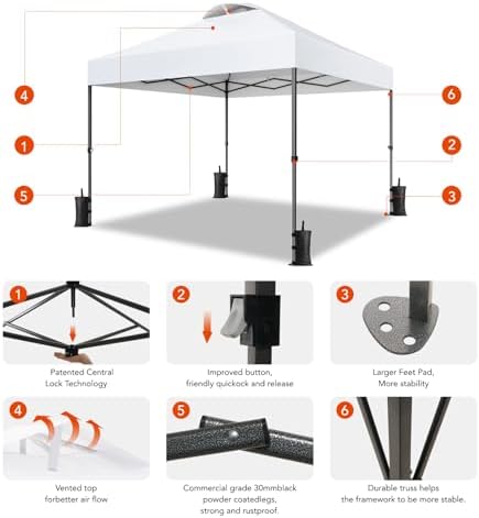 Amada 10x10ft 1-Person Setup Pop Up Canopy Tent - Easy Outdoor Sun Shade for Events, Parties, Camping, Gazebo with Wheel Cover Bag, Beach Tent with 3-Speed Adjustable Height,White