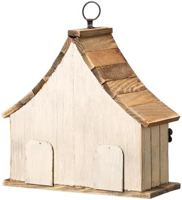 Glitzhome Hanging Birdhouses for Outside,10.75" L Distressed Solid Wood Birdhouse with 3D Flowers Rustic Two-Story Townhouse Hand-Painted Bird Houses for Outdoors,Washed White