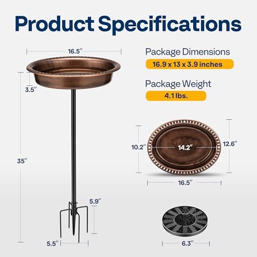 VIVOHOME Oval Polyresin Bird Bath Bowl with Solar Fountain, 29 Inch Height Outdoor Freestanding Birdfeeder with Metal Stake, Capacity 1.3 Gallons, 5-Pronged Base, Bronze