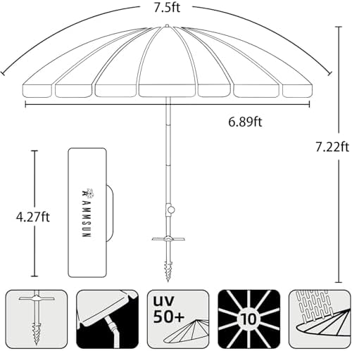 AMMSUN 7.5ft Large Heavy Duty HIGH Wind Beach Umbrella with sand anchor & Tilt Sun Shelter, UPF 50+ Protection Outdoor Umbrellas Sunshade with Carry Bag for Patio Garden Pool Backyard Rainbow